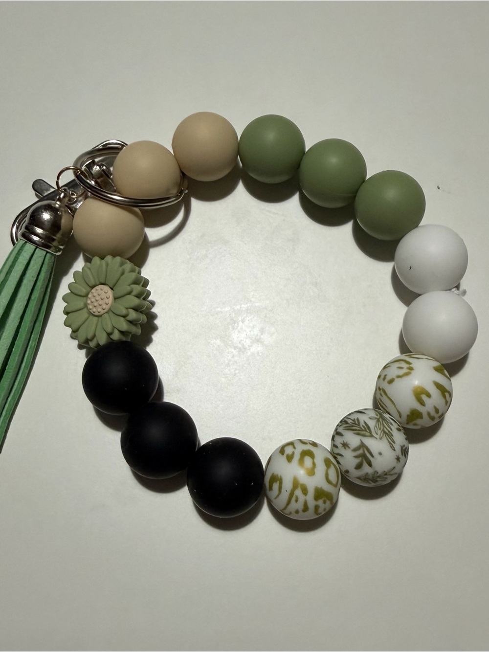 Sage, Cream & Black Beaded Wristlet Keychain with Tassel